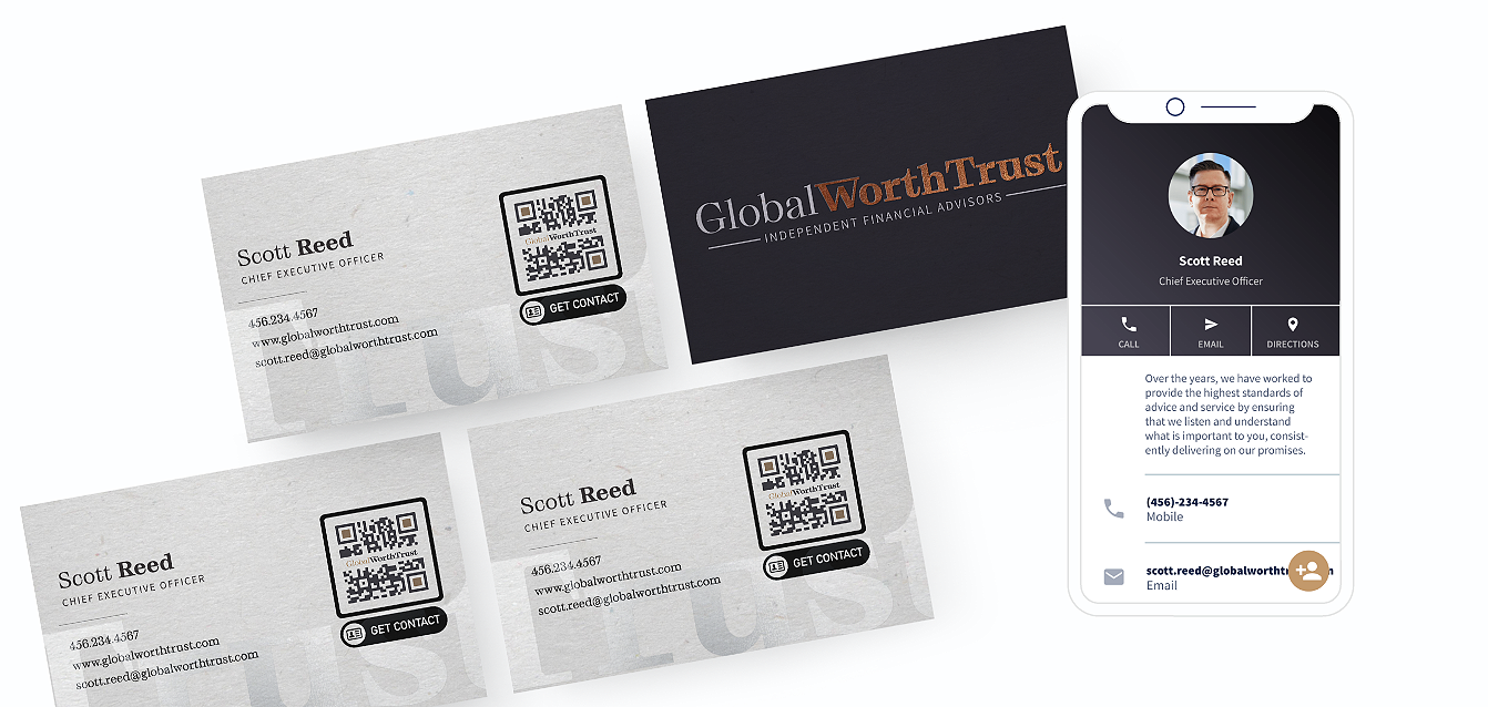 QR Code idea on a business card with a landing page that displays contact information with a save to phone feature